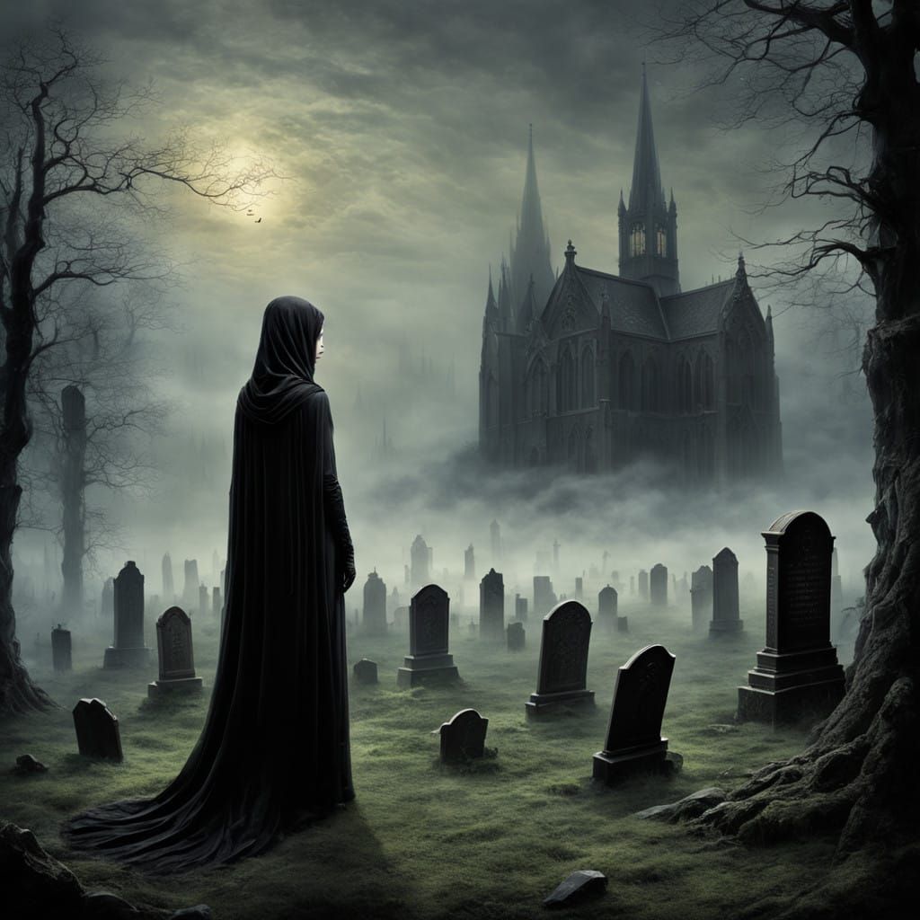 Gothic Widow in a Haunting Graveyard Scene