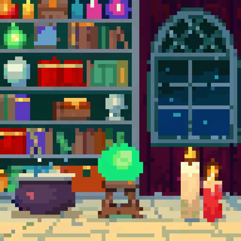 Vibrant Pixel Art Study of a Wizard's Sanctum
