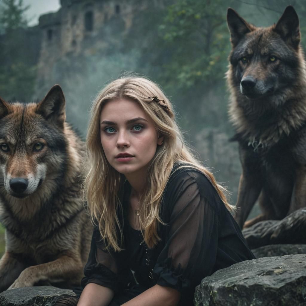 Young Witch Portrait with Wolves in Moody Lighting