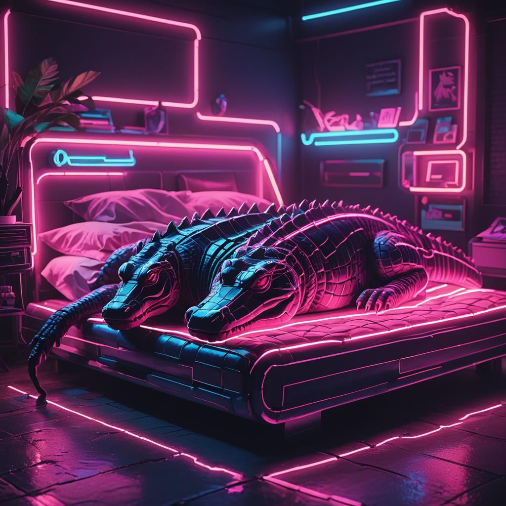 Alligator Sleeping in Bed in Synthwave Neon Style