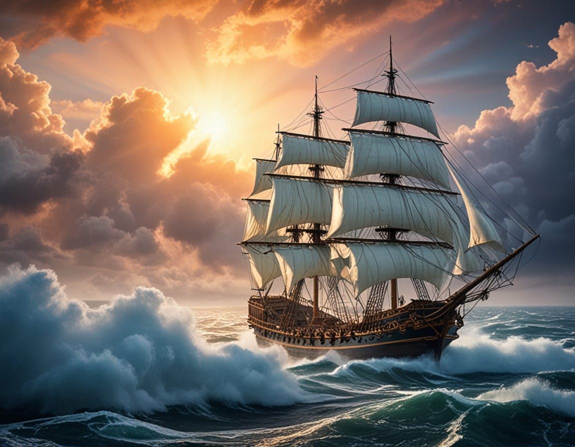 Majestic Spanish Galleon Sails Through Clouds