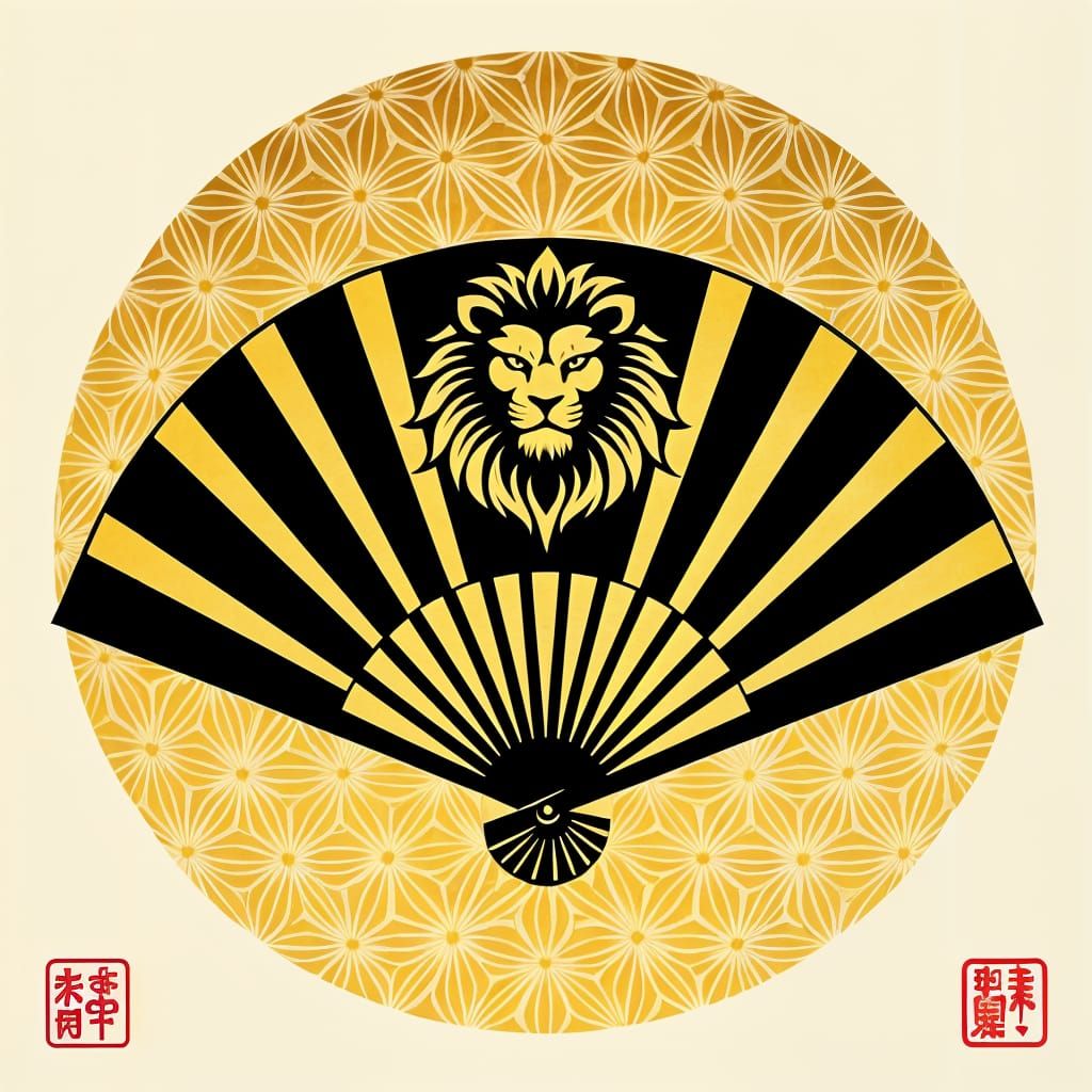 Leo Lion Kamon with Kikkō Pattern in Sumi-e Style