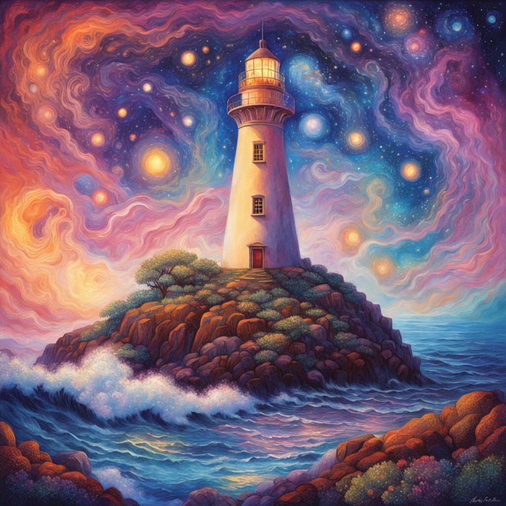 Cosmic Lighthouse Illustration with Bioluminescent Waves