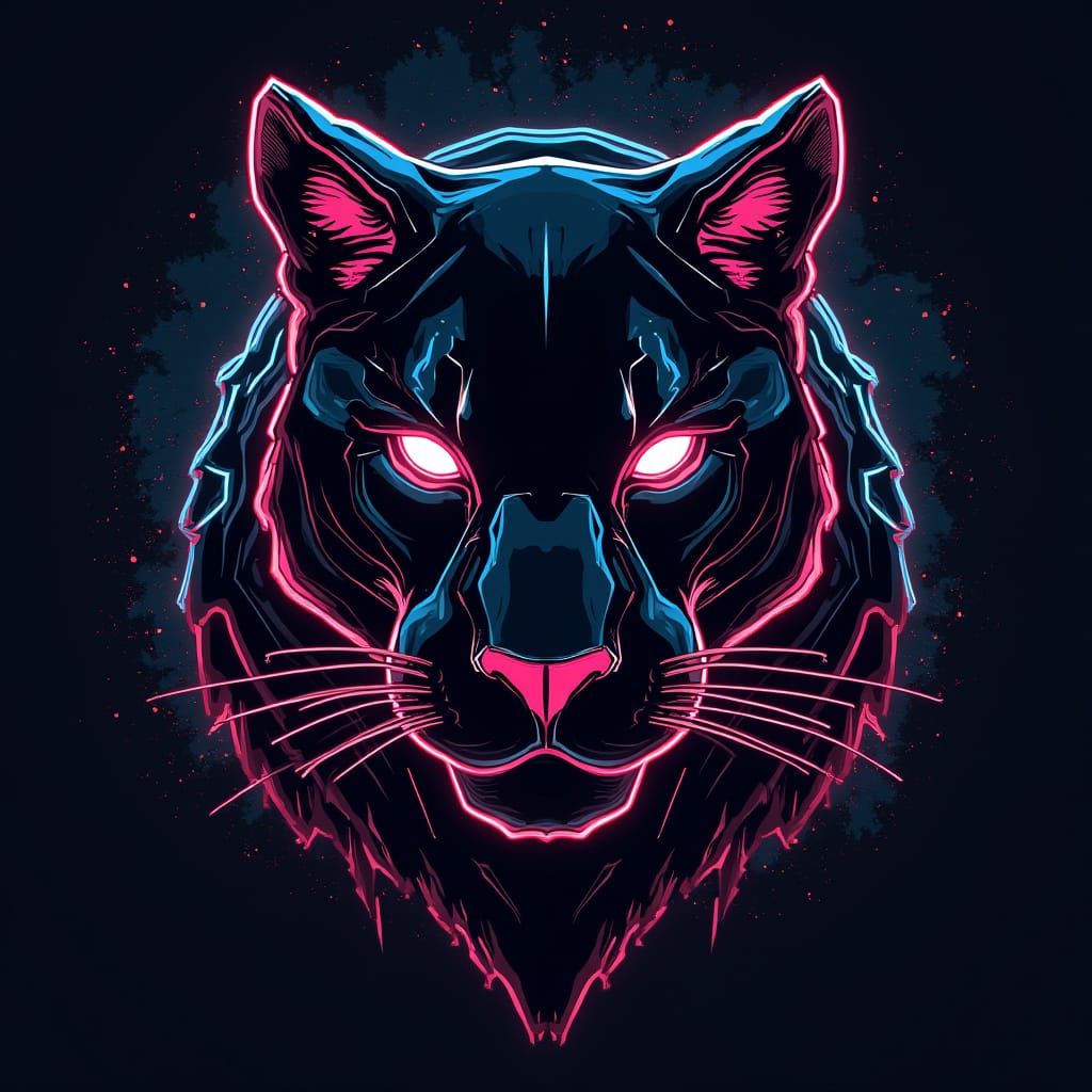 Cyberpunk Panther Head in Neon Vector Style
