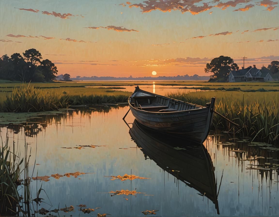 Salt Marsh Dawn: Weathered Boat in Impressionistic Style