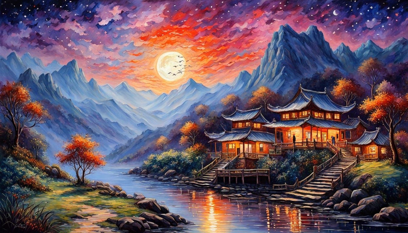 Chinese Landscape with Sunset and Moon, Impressionism Style
