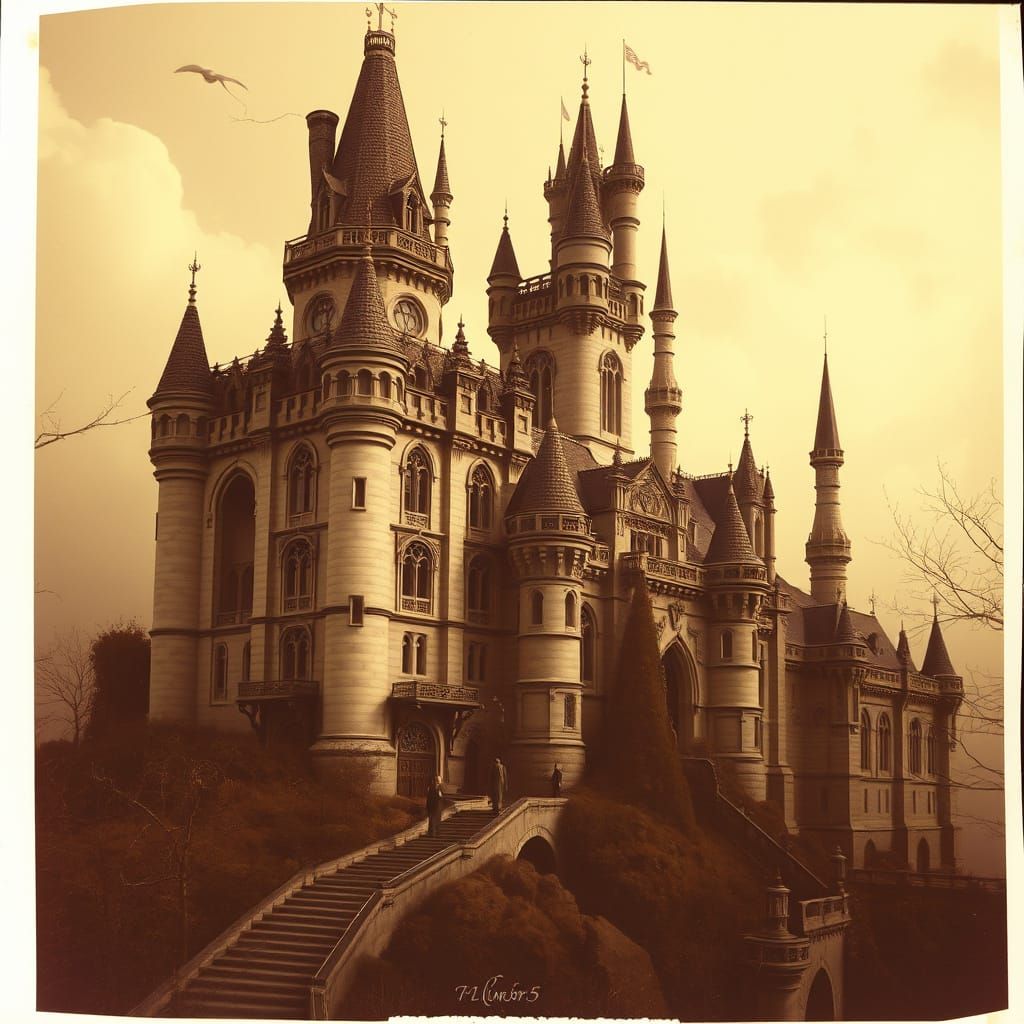 Surreal Sepia Castle in Dreamy Fantasy Landscape