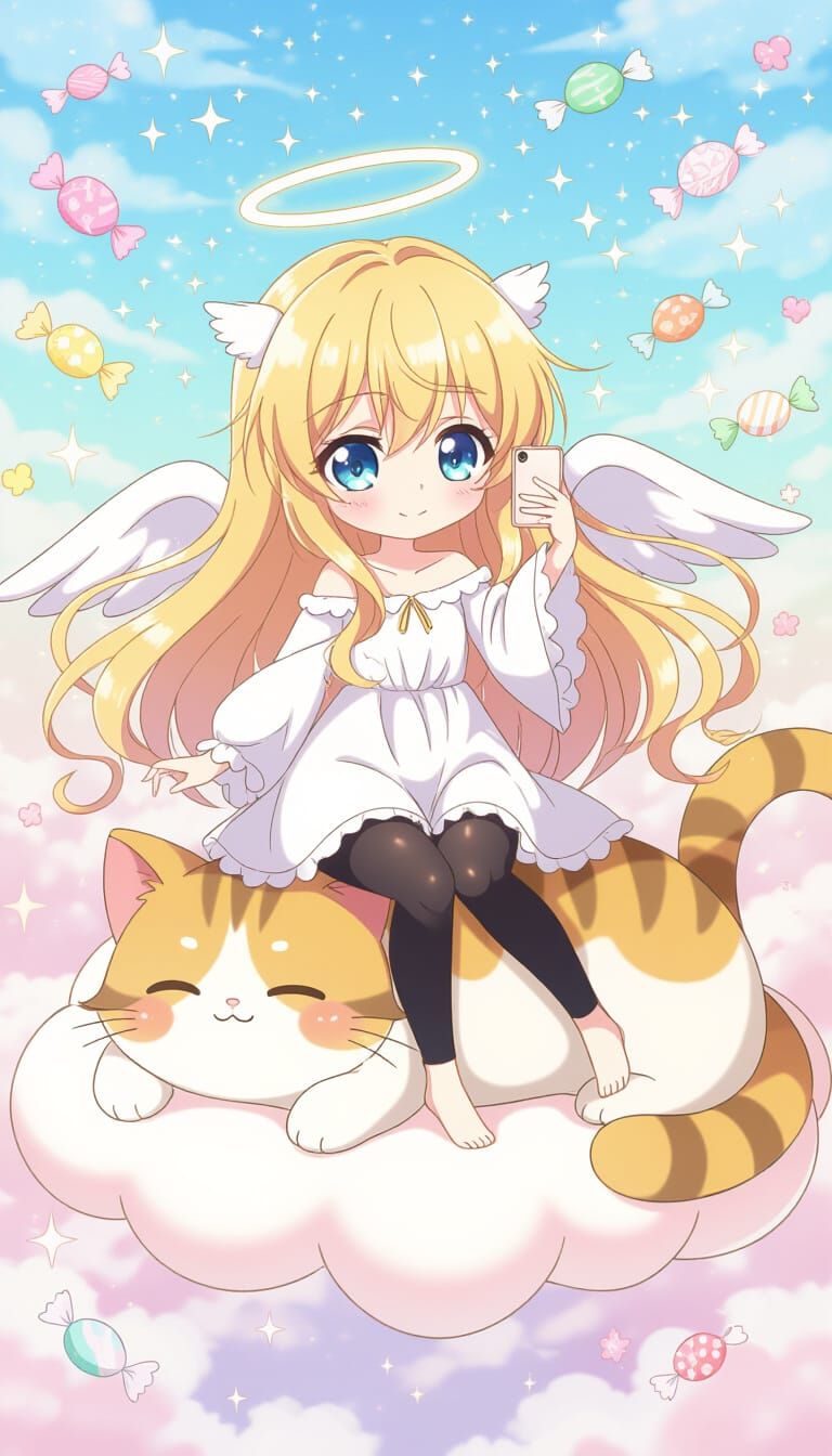 Anime Angel Selfies with Cat Cloud in Ghibli Style