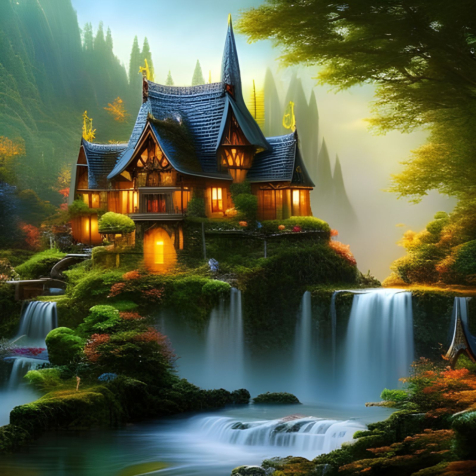 Enchanted Elven Kingdom with Waterfalls, Digital Painting