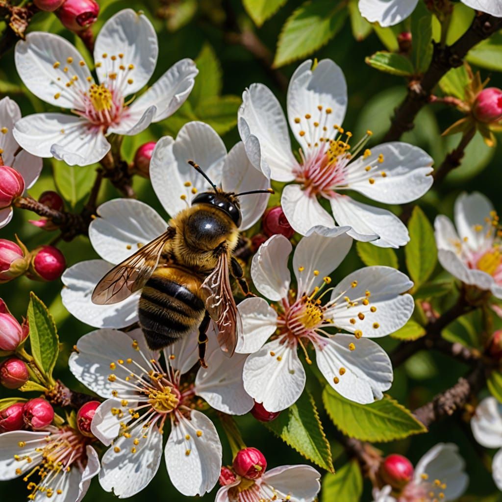 Surreal Cherry Blossom Scene with a Busy Bee in Close-Up