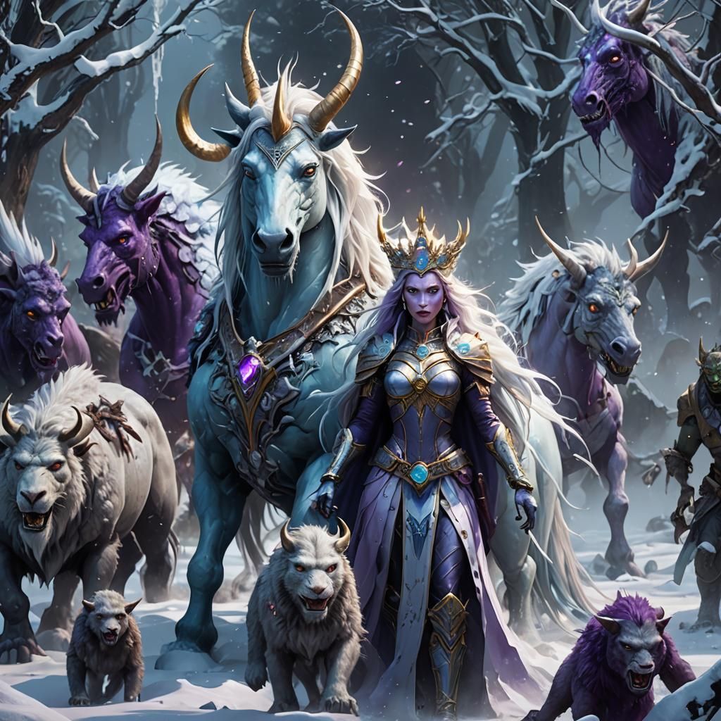 Ice Queen with Demon Monkeys, Dark Fantasy Art