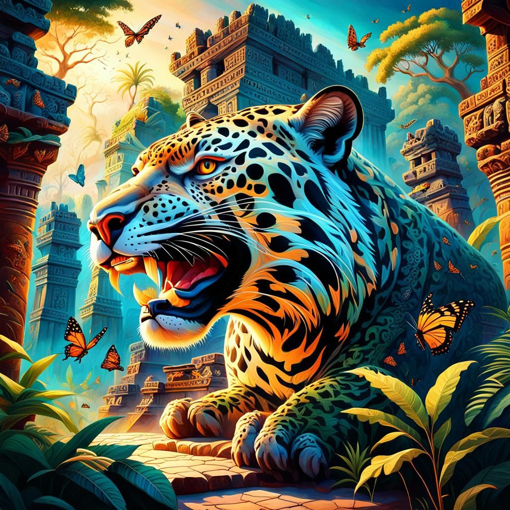 Surreal Jaguar Roaring in Aztec Temple Ruins