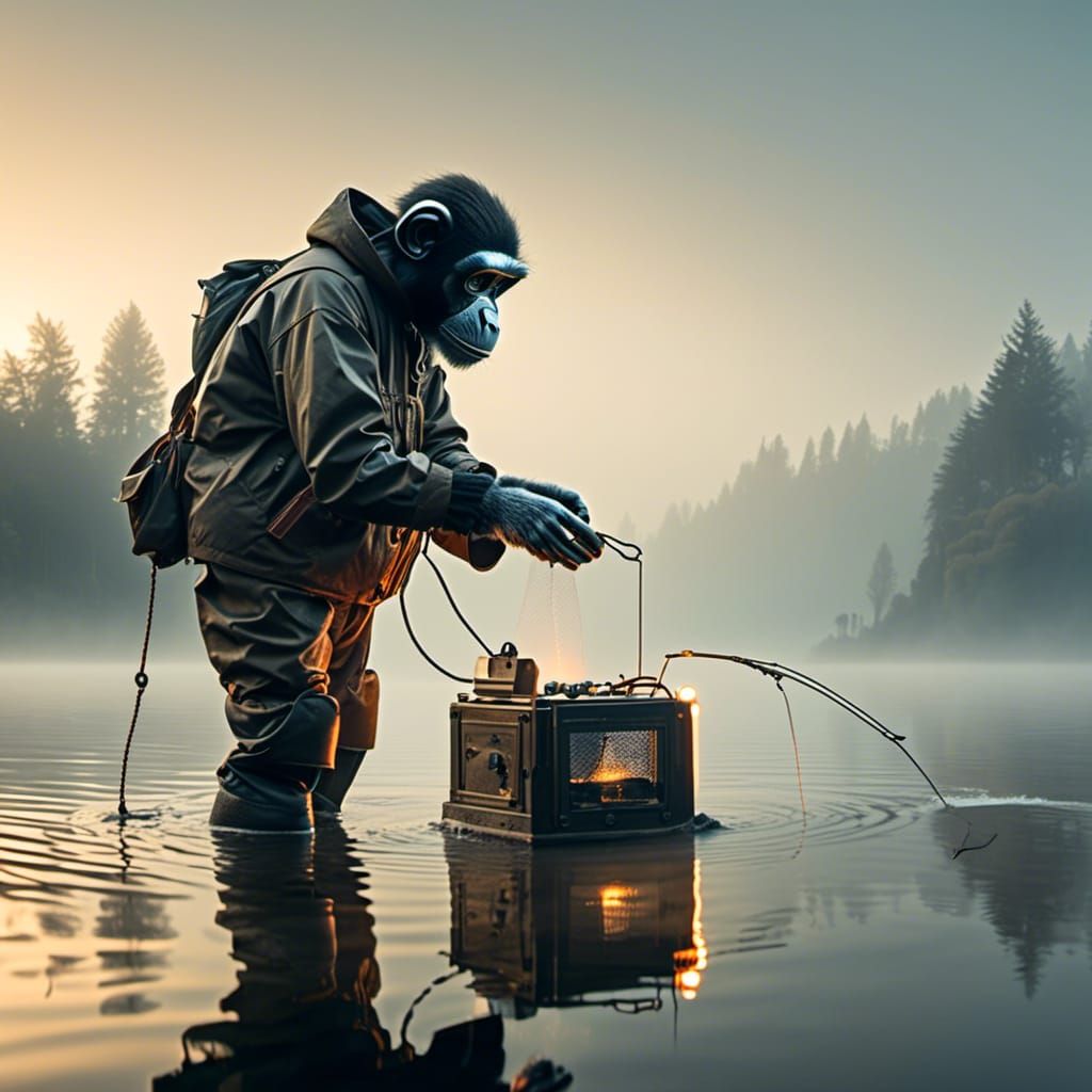 Fisherman Casting Line into Misty Lake at Dawn