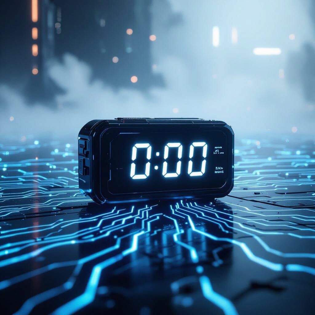 Futuristic Digital Timer Displaying Zero on Dark Background