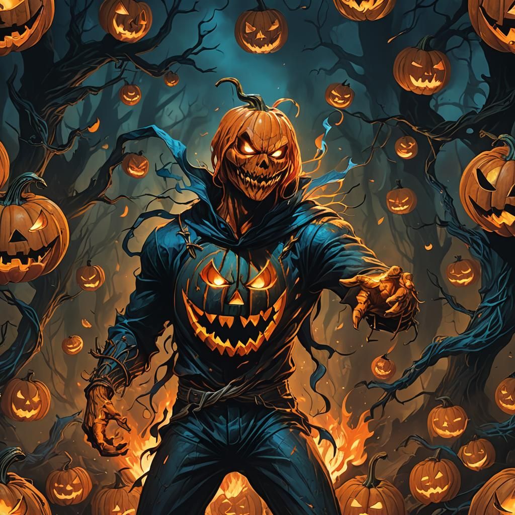 Sinister Jack-o'-Lantern Figure in Dark Fantasy Art