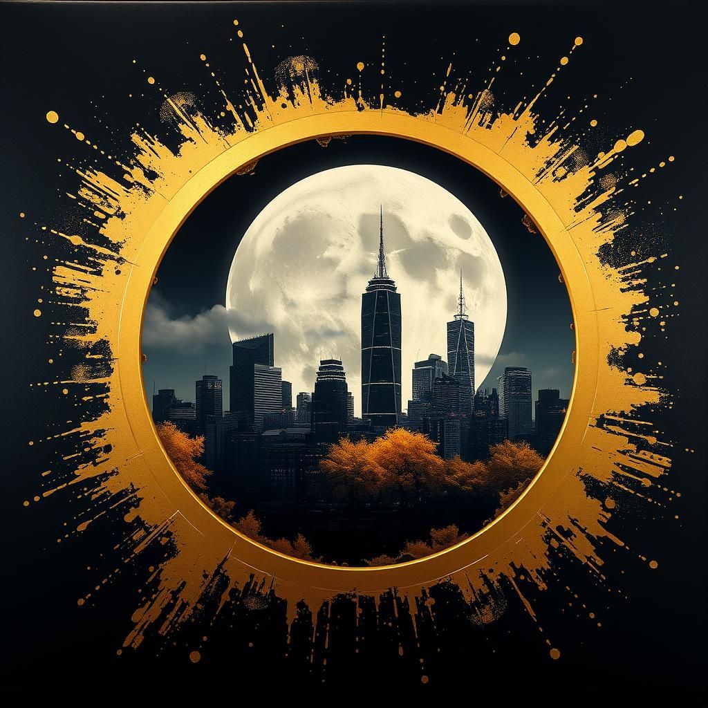 Silver Cityscape in Golden Frame: Oil Painting Style