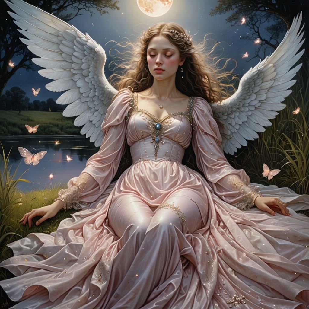 Medieval Angel Woman Asleep by Lake at Night