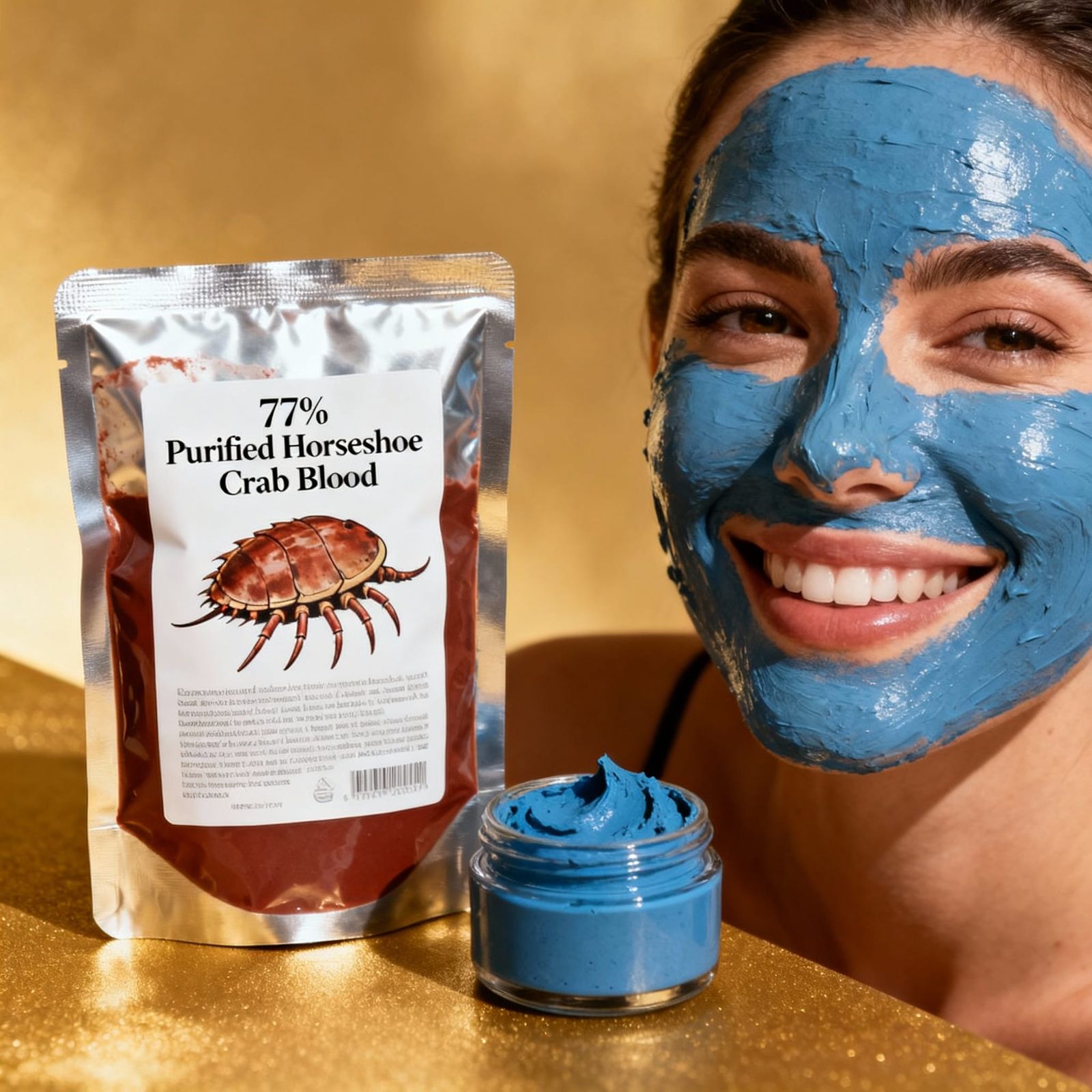 Woman Uses Blue Horseshoe Crab Blood Face Mask