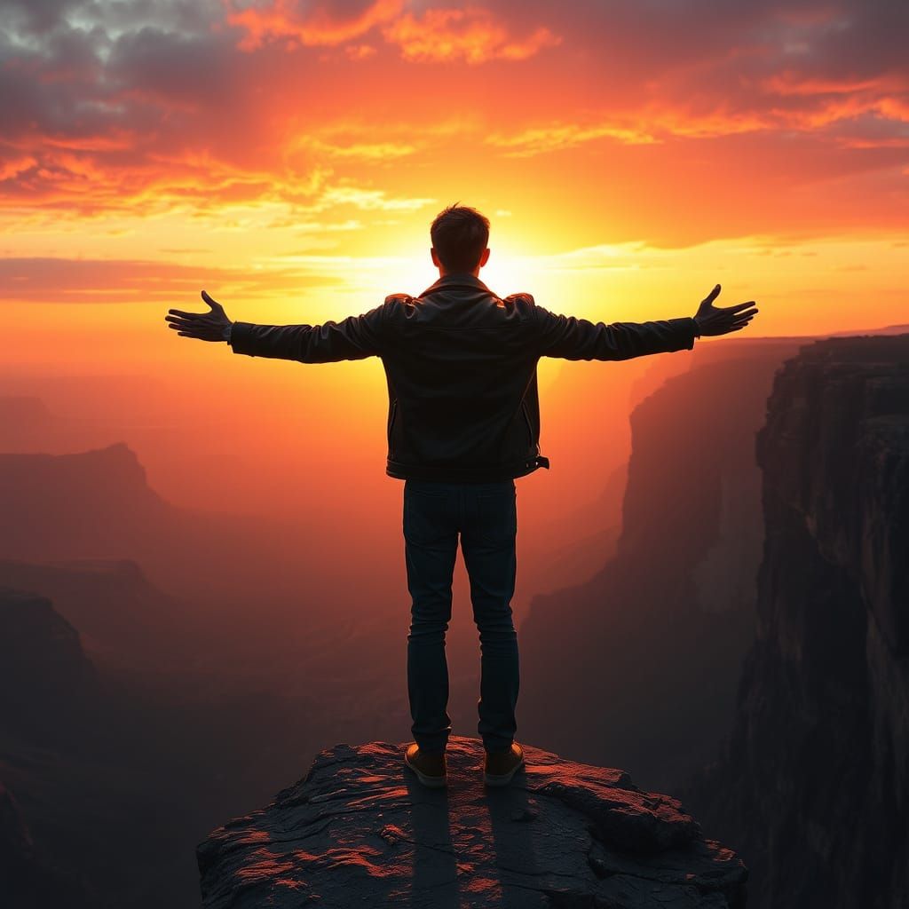 Man at Cliff Edge in Cinematic Landscape