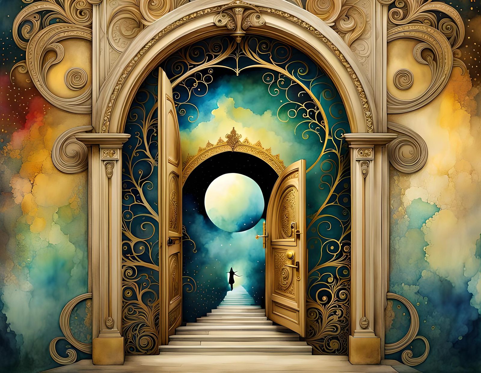 Fantasy Realm Portal in Surreal Watercolor Style