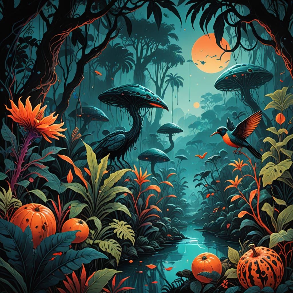 Exotic Alien Jungle Concept Art in Teal, Orange and Red