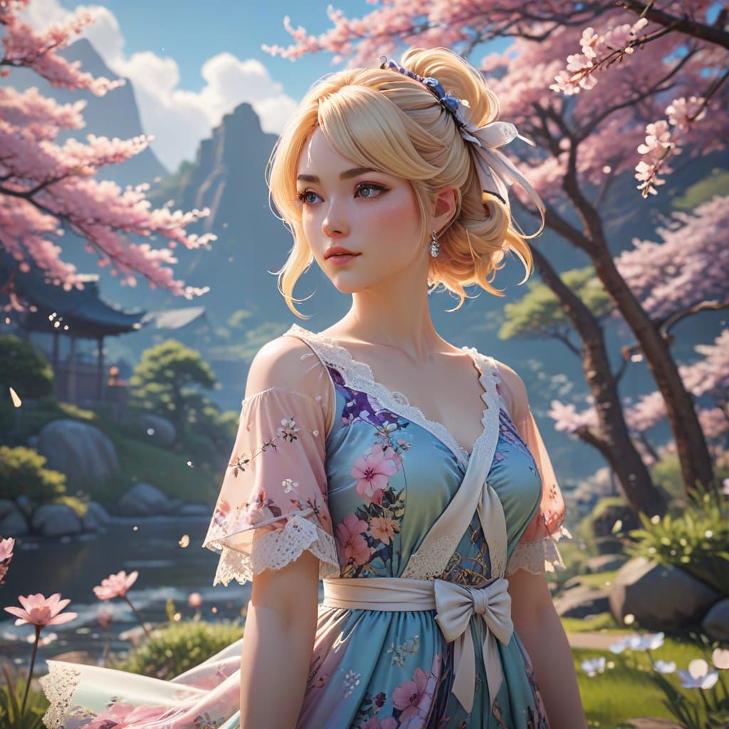 Dreamy Blonde Goddess in Floral Fantasy