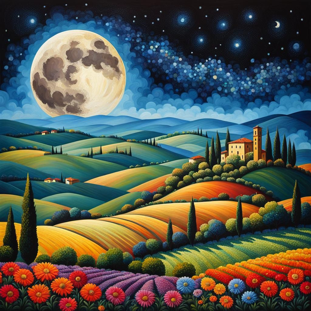 Enchanting Tuscany Landscape Under Cosmic Night Sky