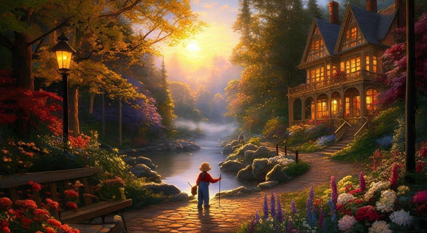 Ethereal Golden Hour Scene in Thomas Kinkade Style