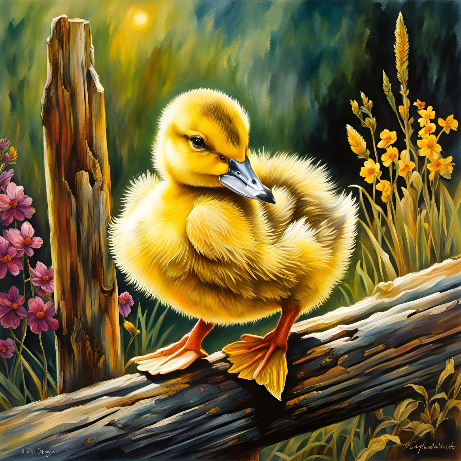 Fluffy Duckling on a Farm Fence: Watercolor Art