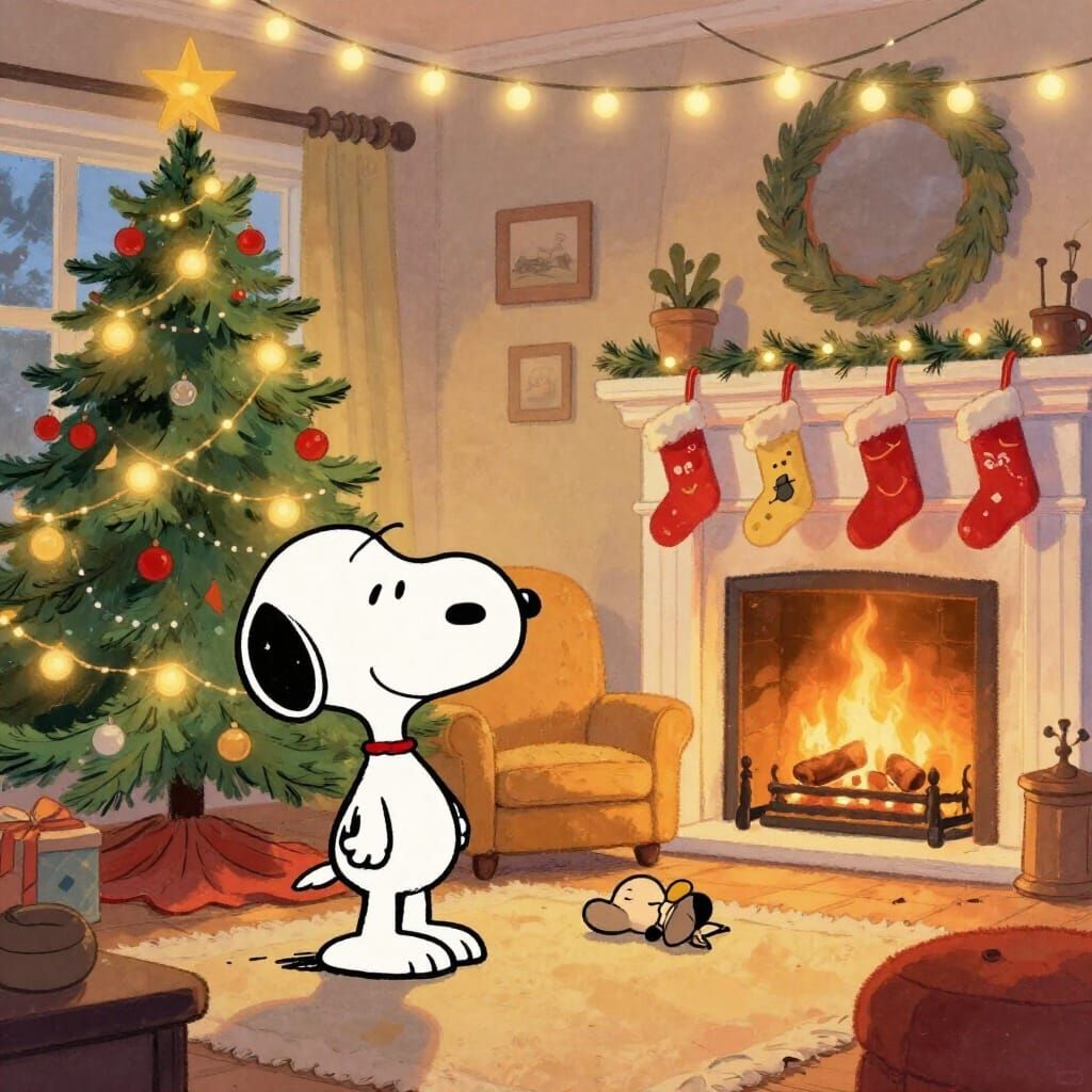 Whimsical Snoopy-Inspired Christmas Living Room Scene