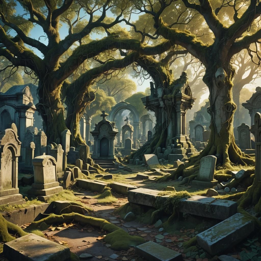 Overgrown Graveyard in Dappled Sunlight: Matte Painting