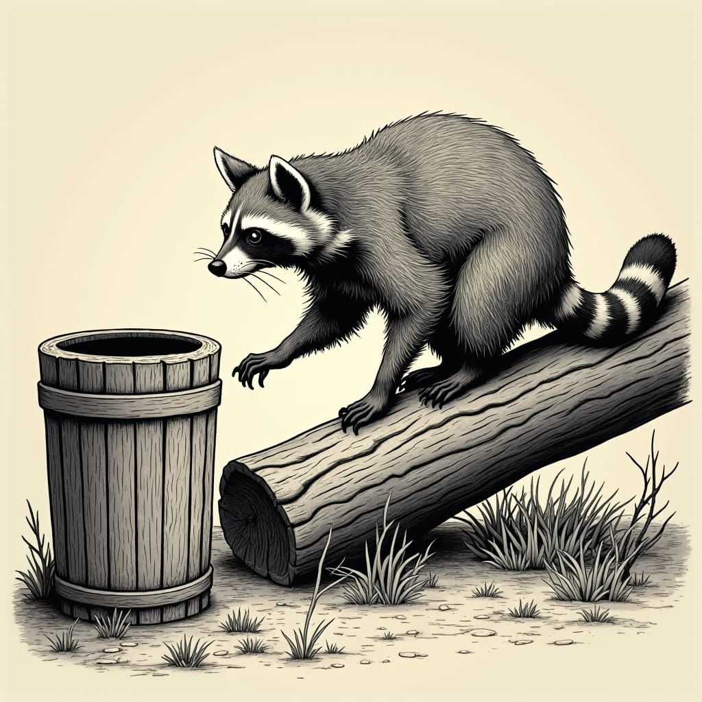 woodcut of a raccoon climbing over a log and reaching his le...