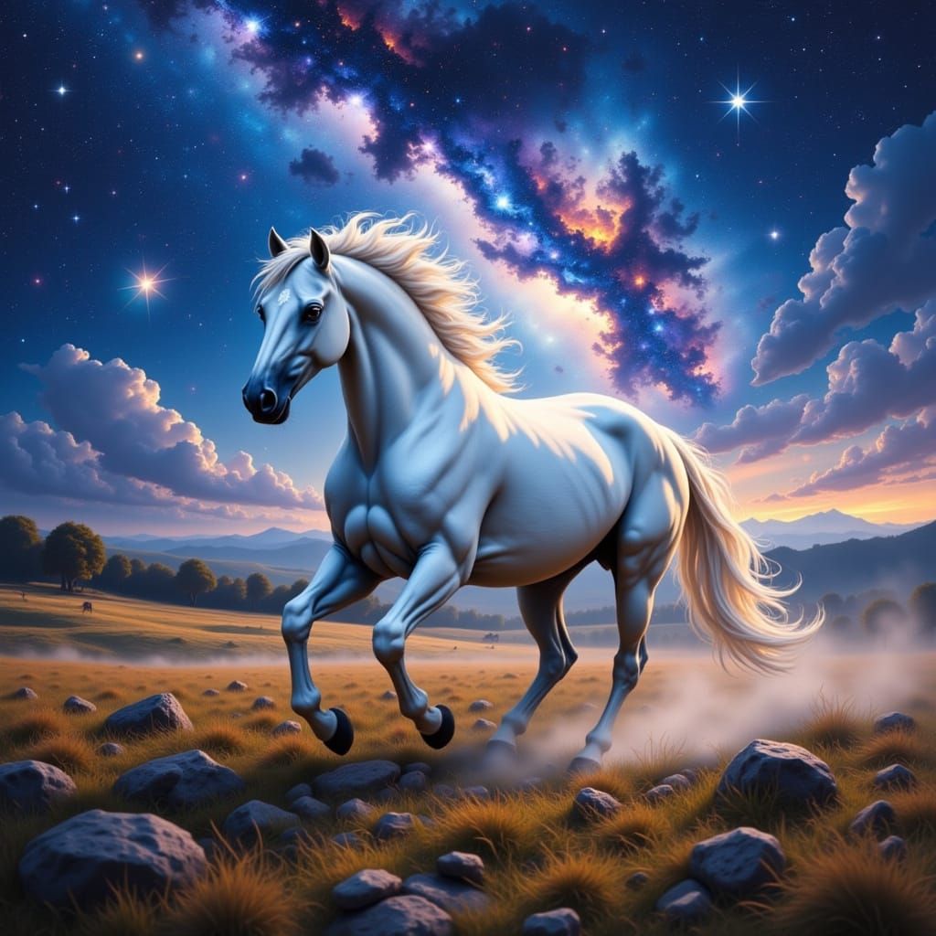 White Horse Galloping Through Nebula Meadow