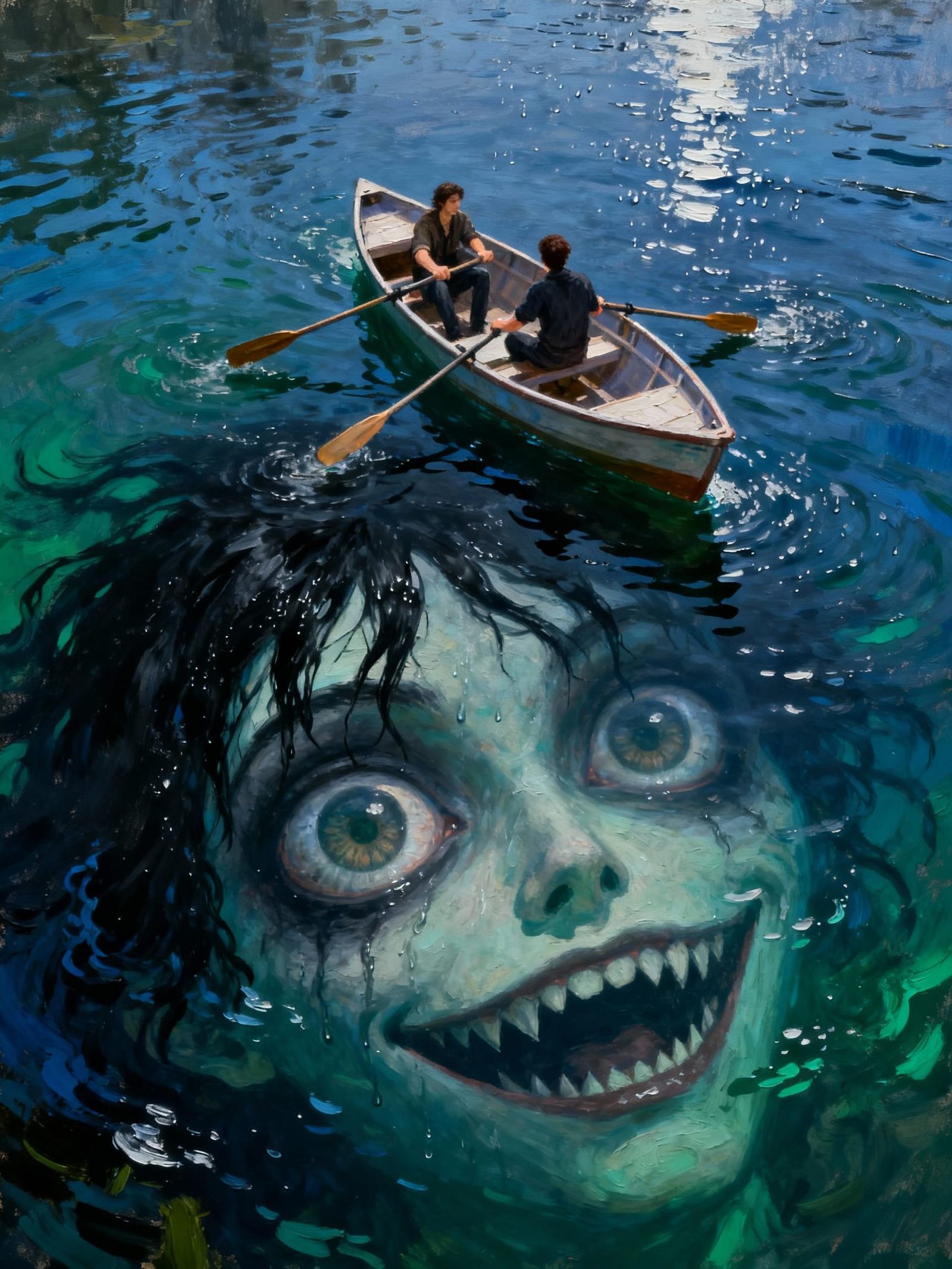 Creepy Face Submerged Under Rowboat in Fantasy Lighting