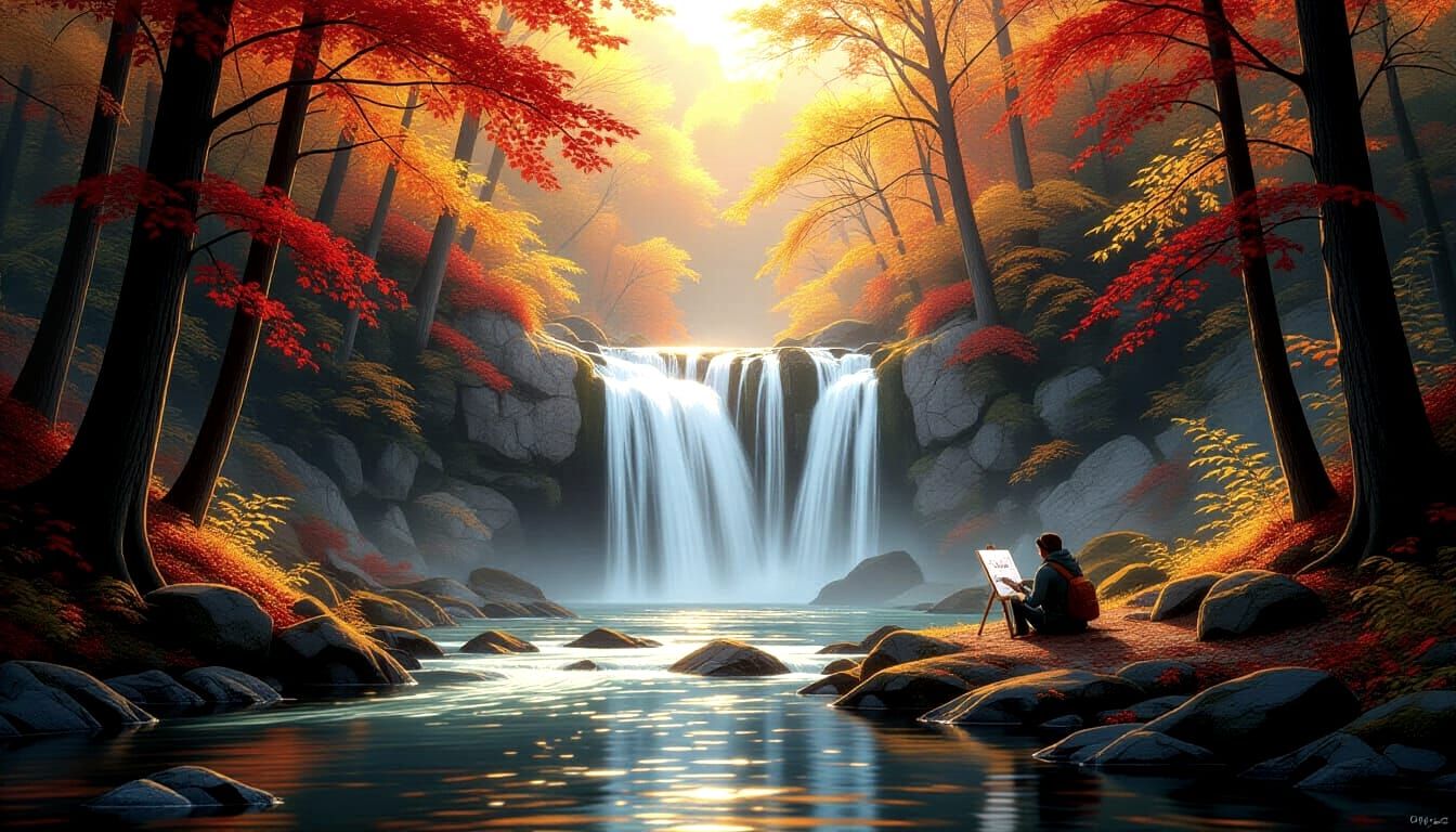 Peaceful Autumn Forest Waterfall Scene With Traveler