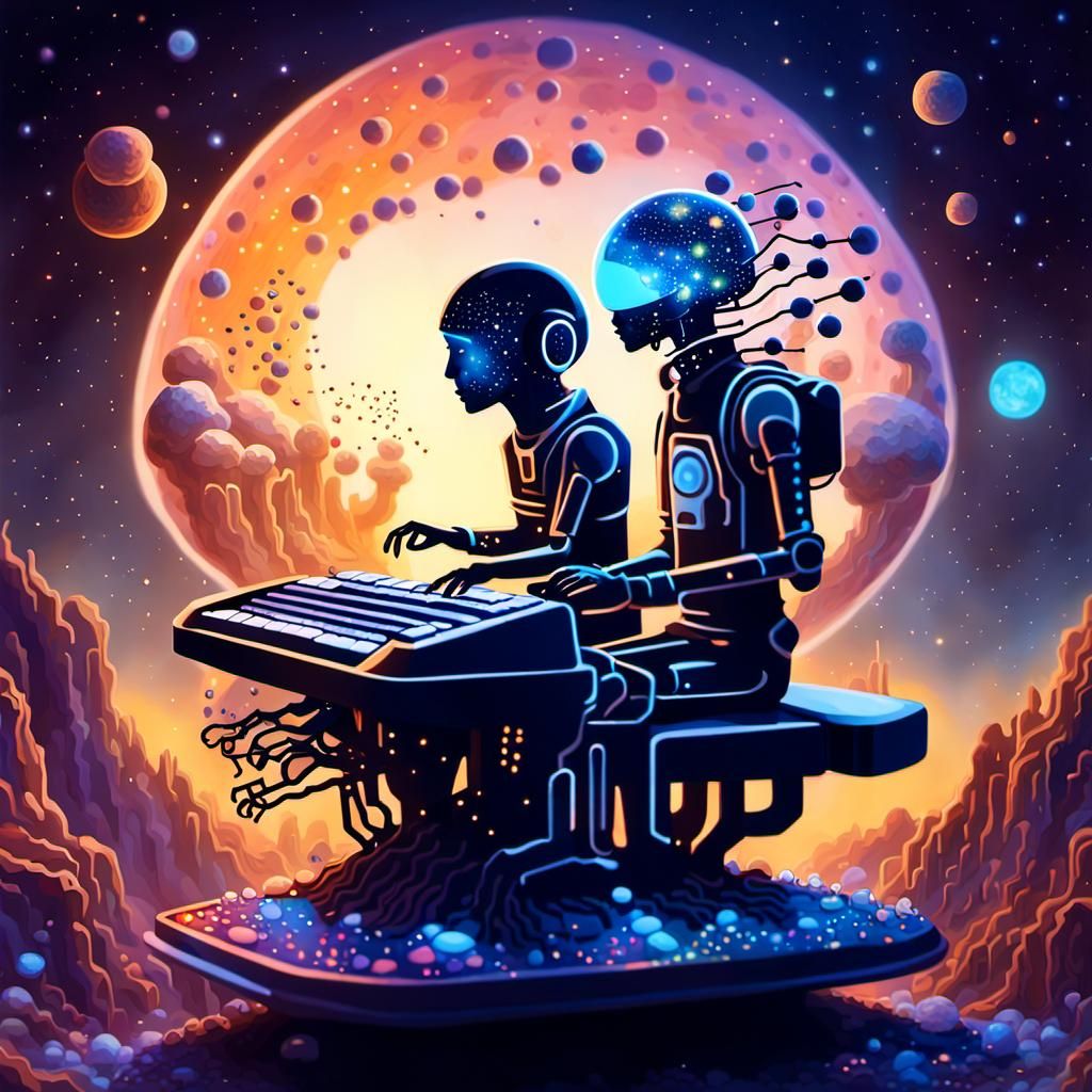 Surreal Galaxy Scene with Figures Composing Poems