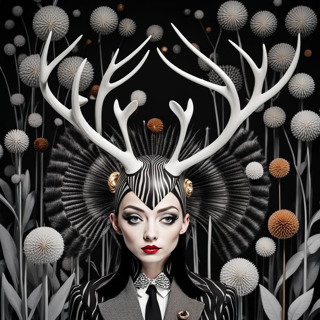 Surreal Woman with Antlers in Biomorphic Office