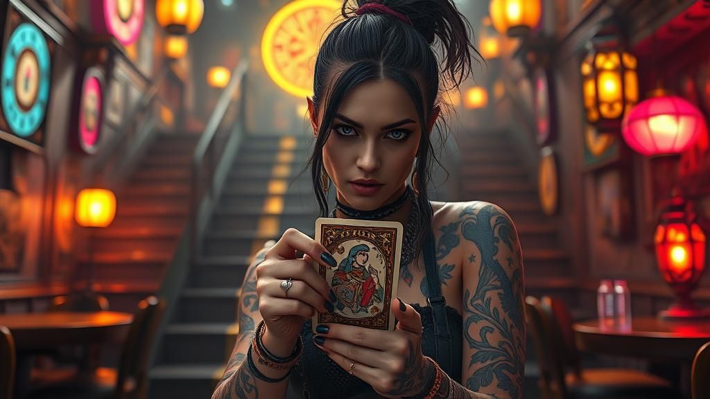 Cyberpunk Woman Draws Tarot Card in Gothic Saloon