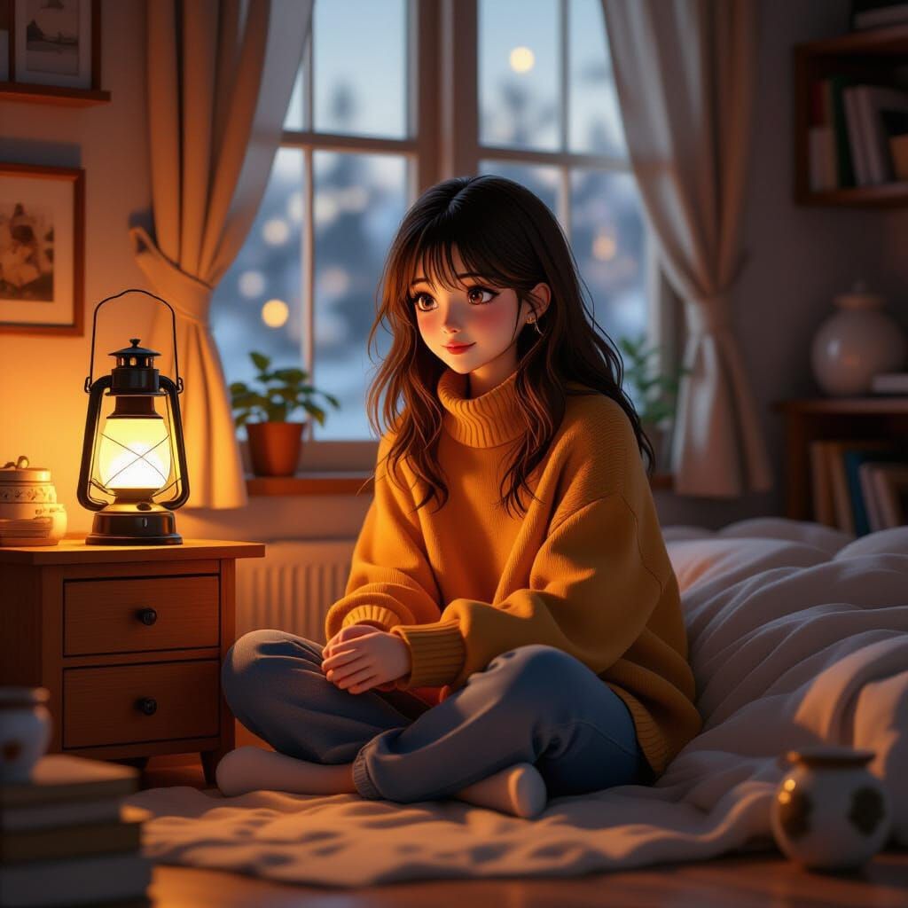 Cozy Anime Room with Lantern Glow in 3D Style