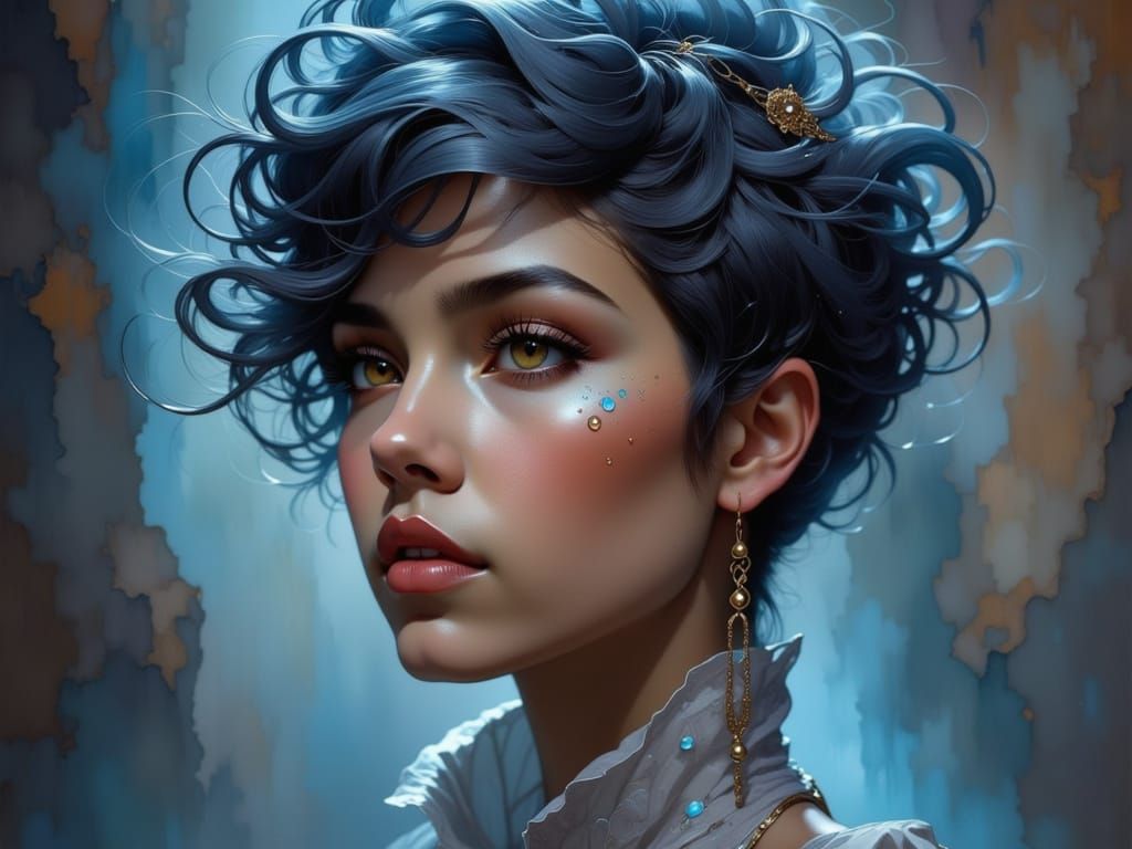 Exotic Dancer with Blue-Grey Hair and Neon Eyes