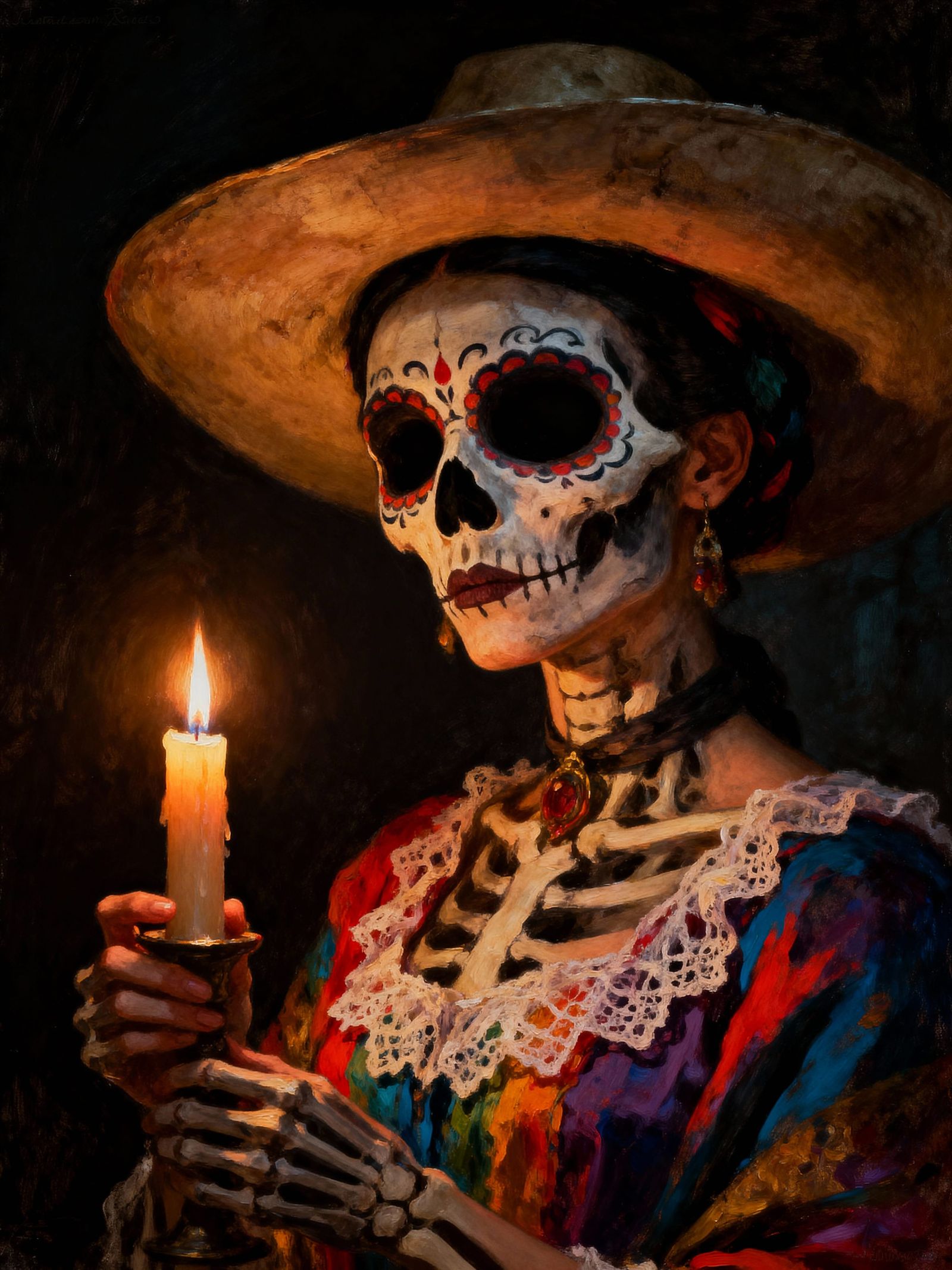 Decaying Catrina Holds Burning Candle in Oil Painting Style