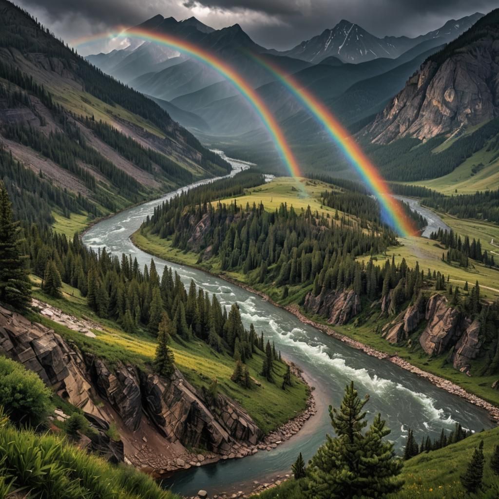 Rainbow over Hyperrealistic Rocky Mountain River Bend