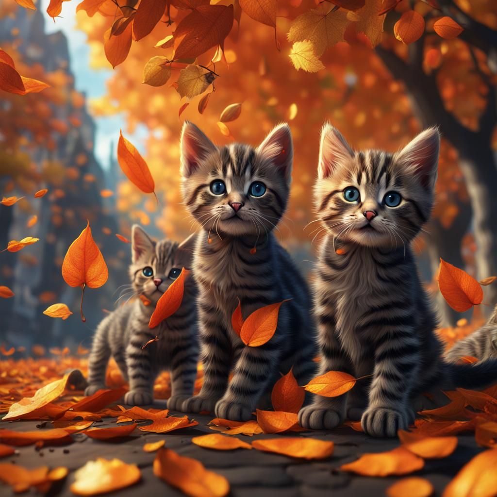 Kittens in Autumn Leaves: Fantasy Concept Art