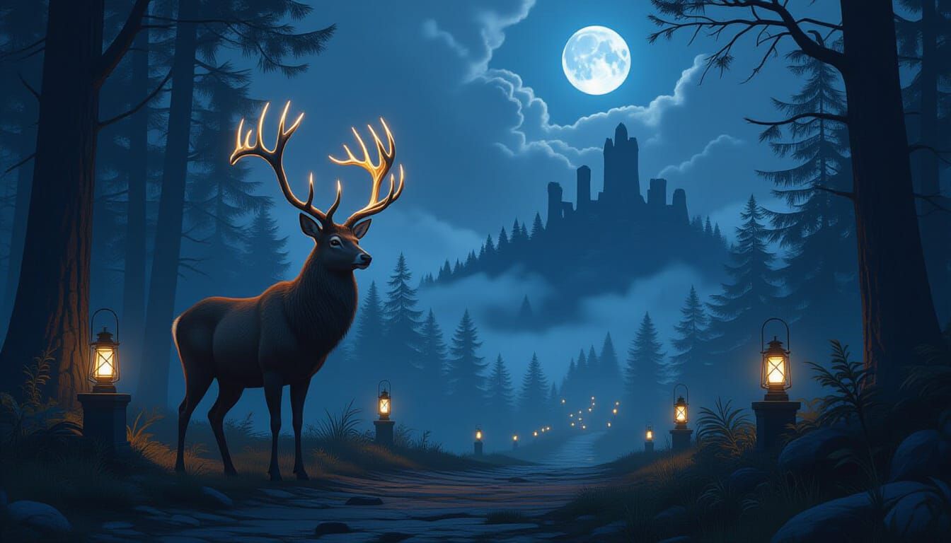 Bipedal Deer on Forest Path in Digital Matte Painting