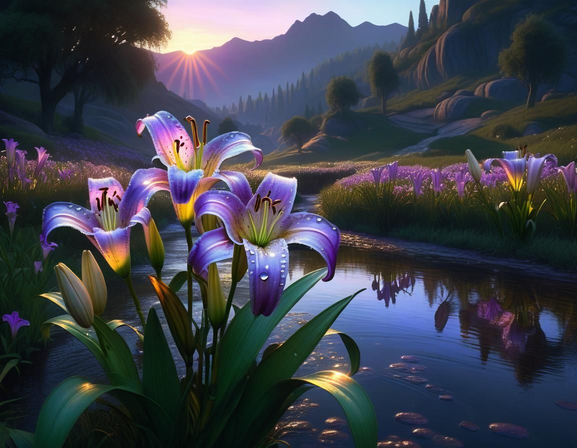 Iridescent Dewdrops on St. Joseph Lilies: Fantasy Art
