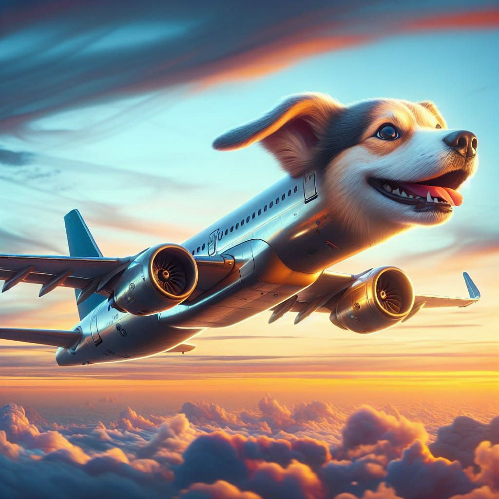 Dog-Headed Airplane Soaring in Orange and Blue Sky