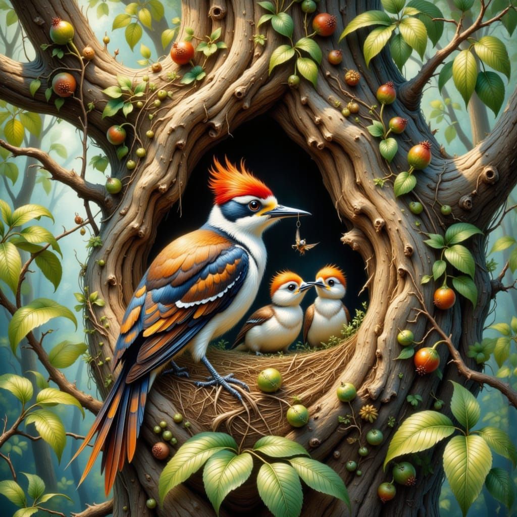 Impasto Woodpecker Mother Tends to Chirping Young in Forest