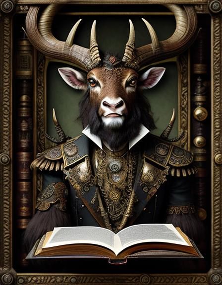 Steampunk Deer-Headed Satyr Reads on City Street