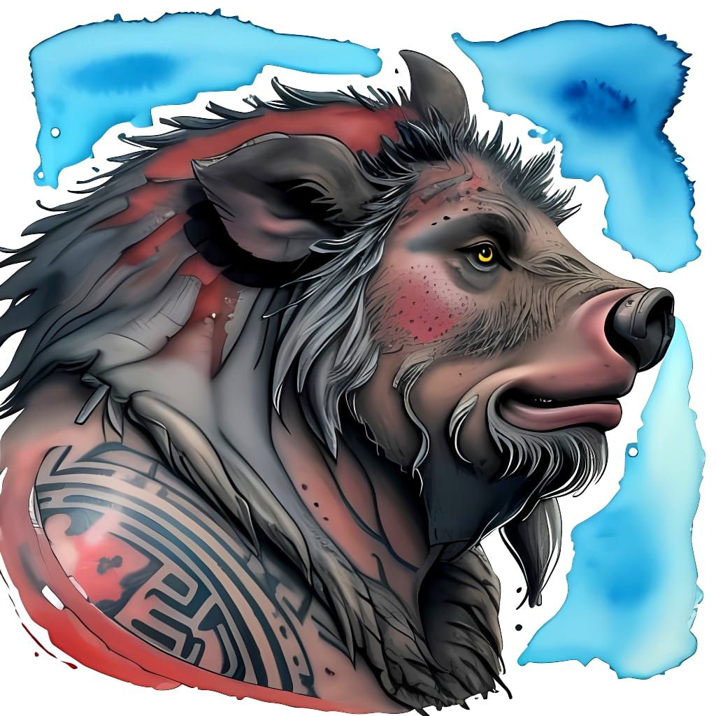 Corpulent Boar-Man Portrait in Bleeding Watercolour