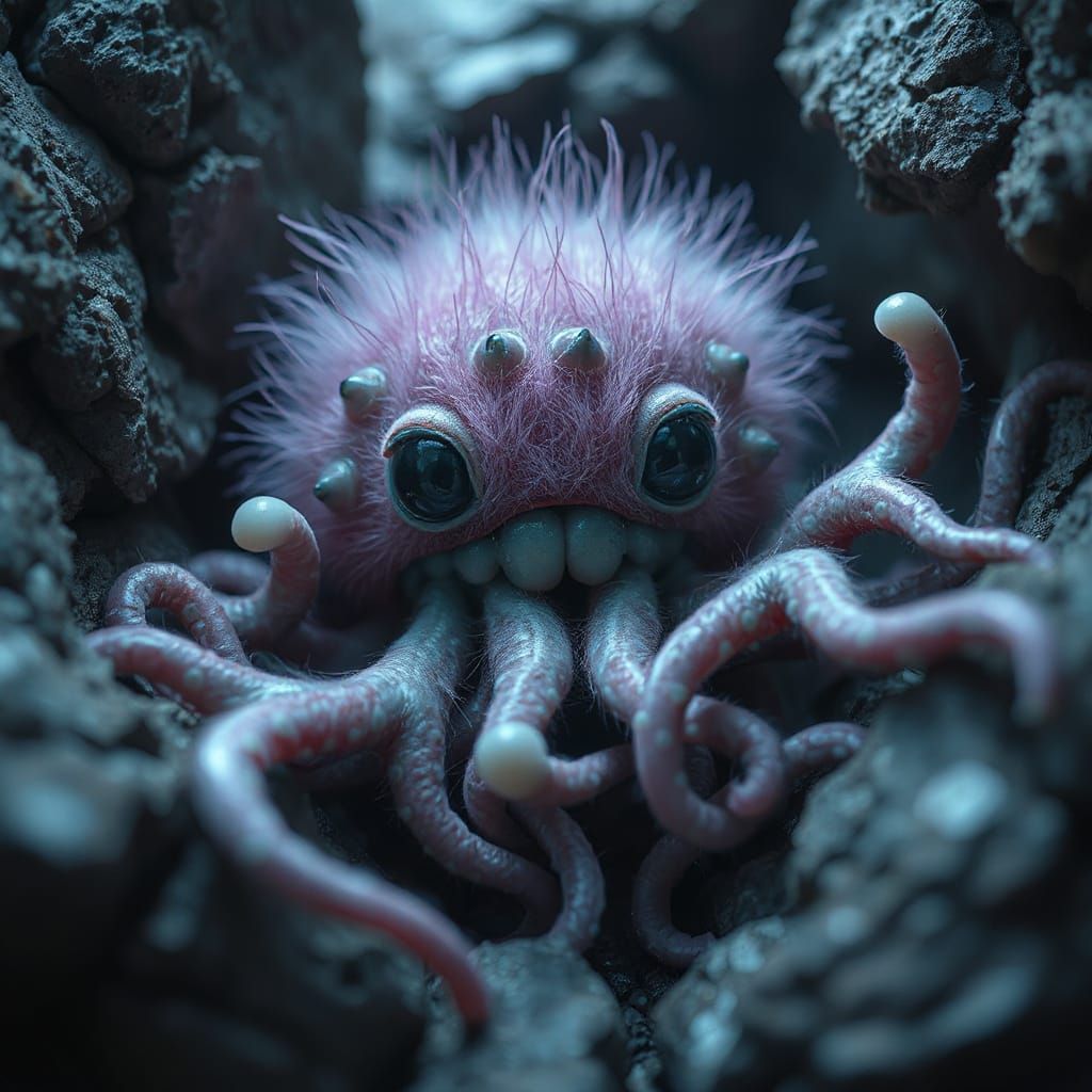 Creepy Cute Pink Tentacle Creature in Grungy Style